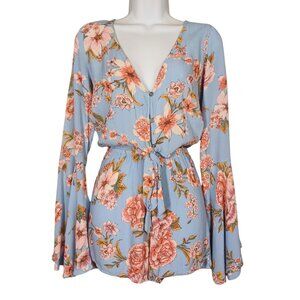 BILLABONG Floral Romper Long Bell Sleeve Stretchy Keyhole Front Tie Romper M